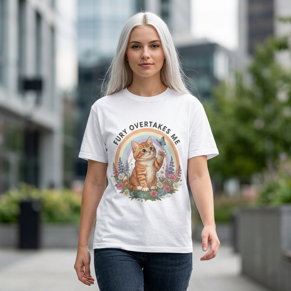 Fury Overtakes Me Cat Tee | Orange Tabby, Rainbow, Floral Design