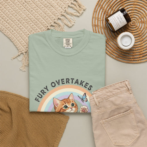 Fury Overtakes Me Cat Tee | Orange Tabby, Rainbow, Floral Design